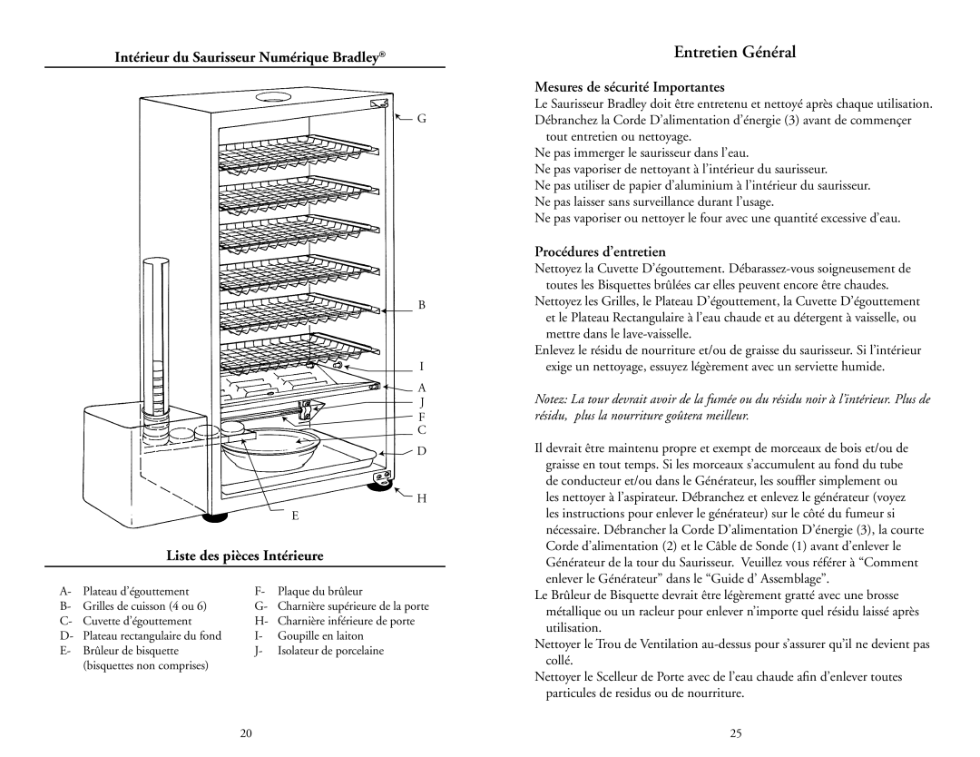 Bradley Smoker BTDS76CE-EU, BTDS76P, BTDS76CE-UK Entretien Général, Mesures de sécurité Importantes, Procédures d’entretien 