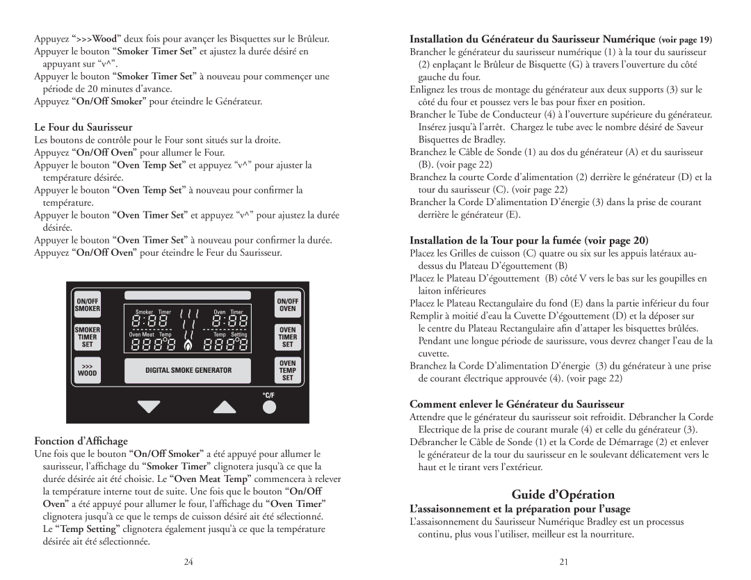 Bradley Smoker BTDS108CE-EU, BTDS76P, BTDS76CE-UK, BTDS76CE-EU, BTDS108P, BTDS108CE-UK owner manual Guide d’Opération 