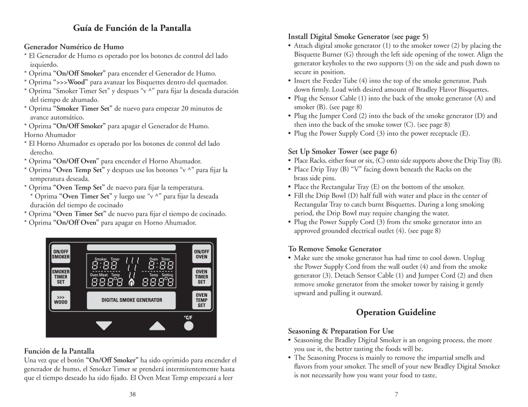 Bradley Smoker BTDS76CE-UK, BTDS76P, BTDS76CE-EU, BTDS108CE-EU, BTDS108P Guía de Función de la Pantalla, Operation Guideline 