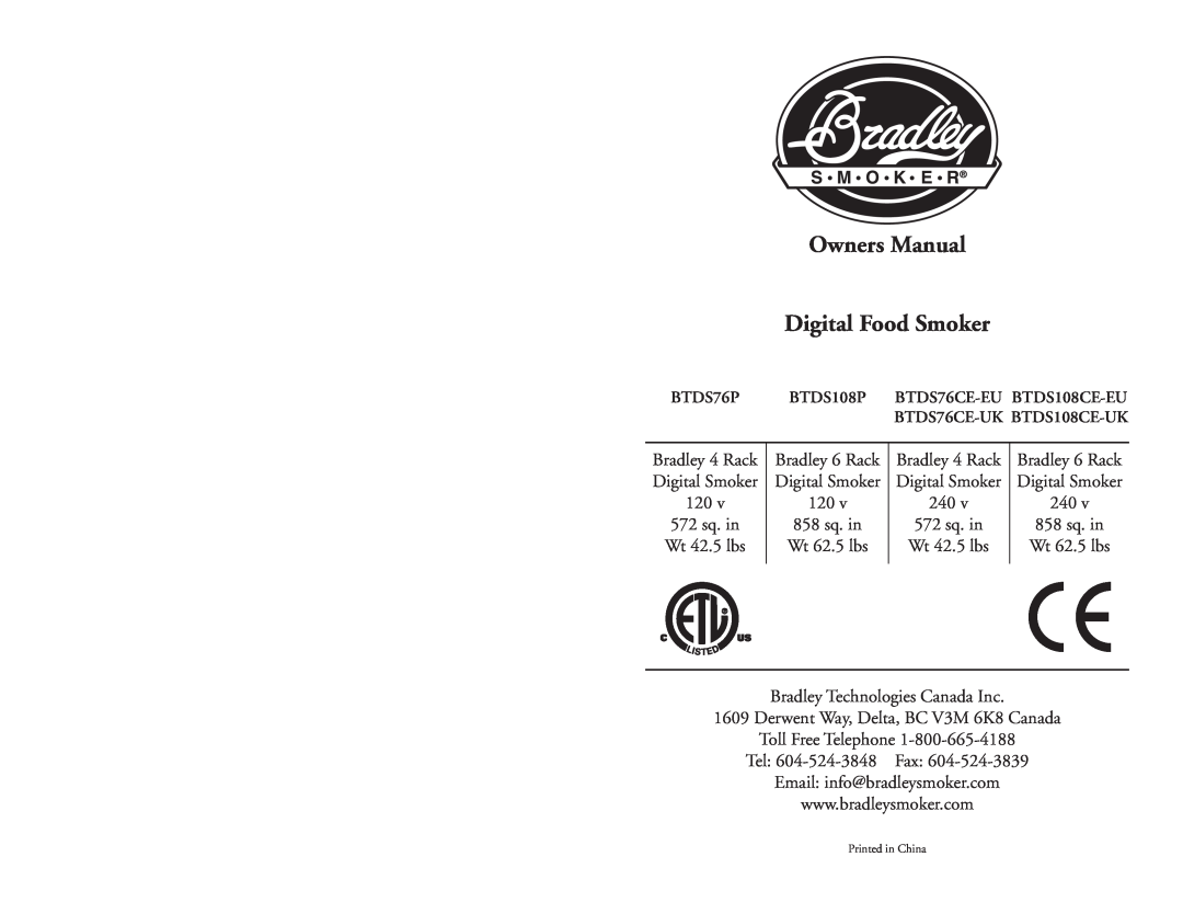 Bradley Smoker BTDS76CE-UK owner manual Owners Manual Digital Food Smoker, BTDS76P, BTDS108P BTDS76CE-EU BTDS108CE-EU 
