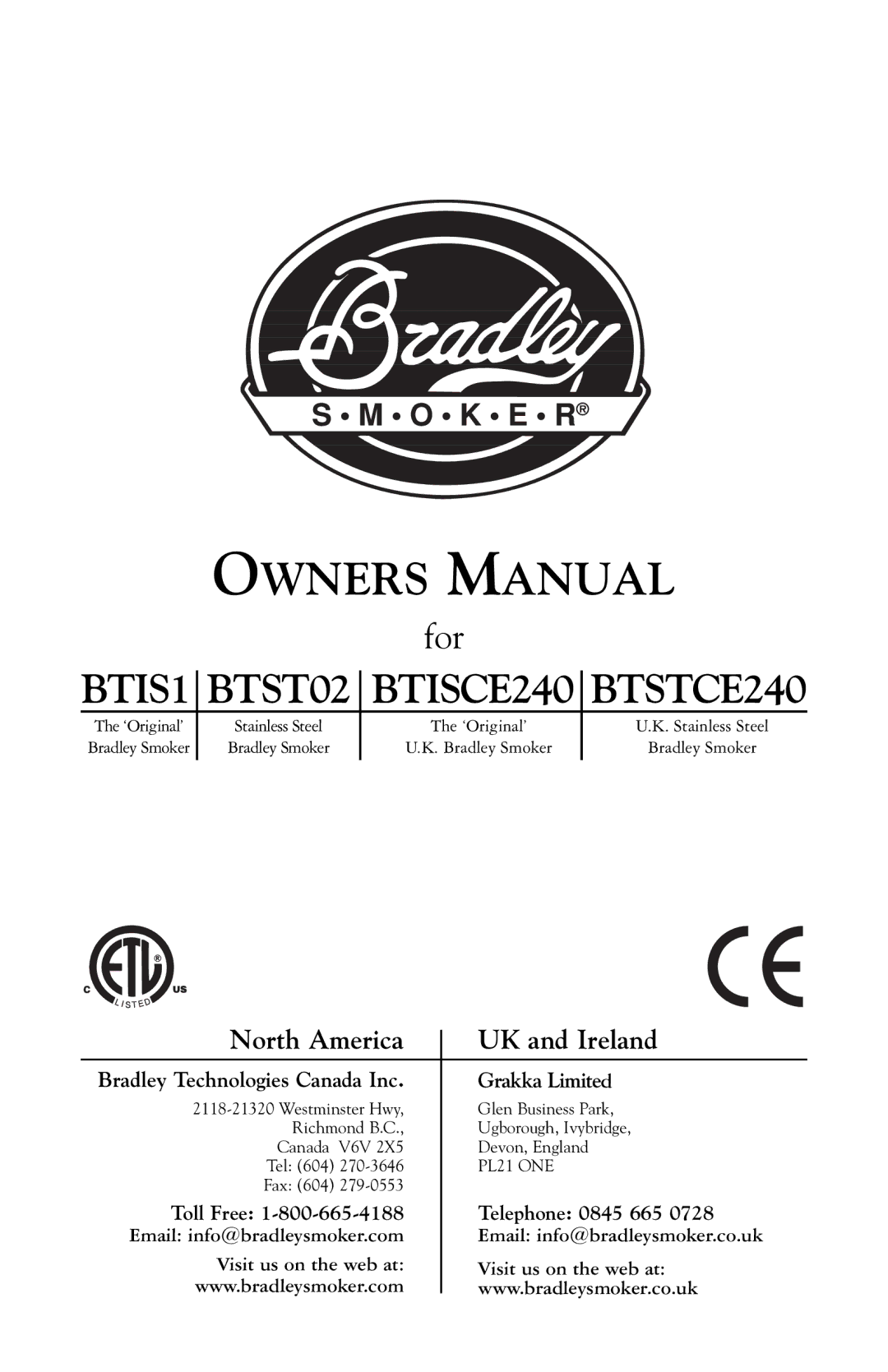 Bradley Smoker owner manual BTIS1 BTST02 BTISCE240 BTSTCE240, North America UK and Ireland 