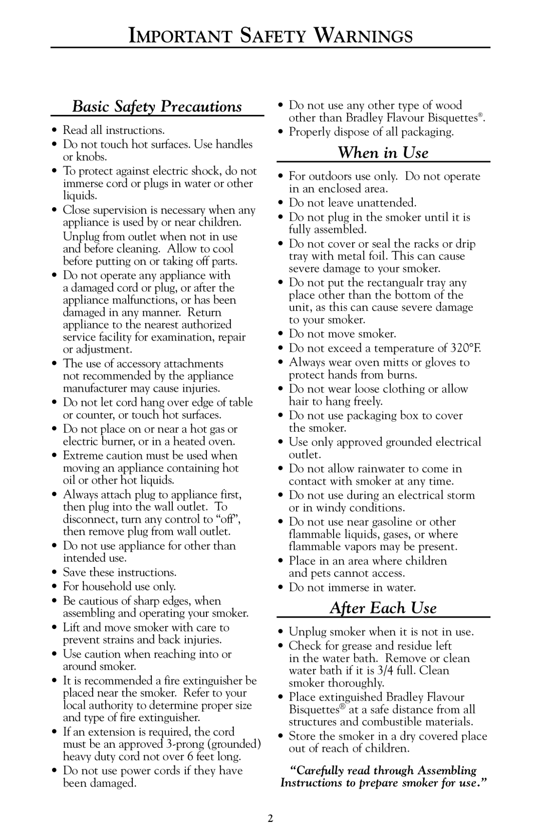 Bradley Smoker BTSTCE240, BTIS1 Basic Safety Precautions, When in Use, After Each Use, Carefully read through Assembling 