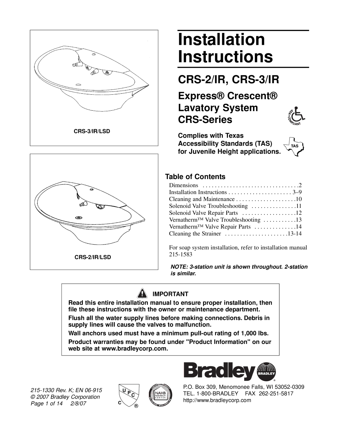 Bradley Smoker CRS-2/IR, CRS-3/IR installation instructions Installation Instructions, Table of Contents 