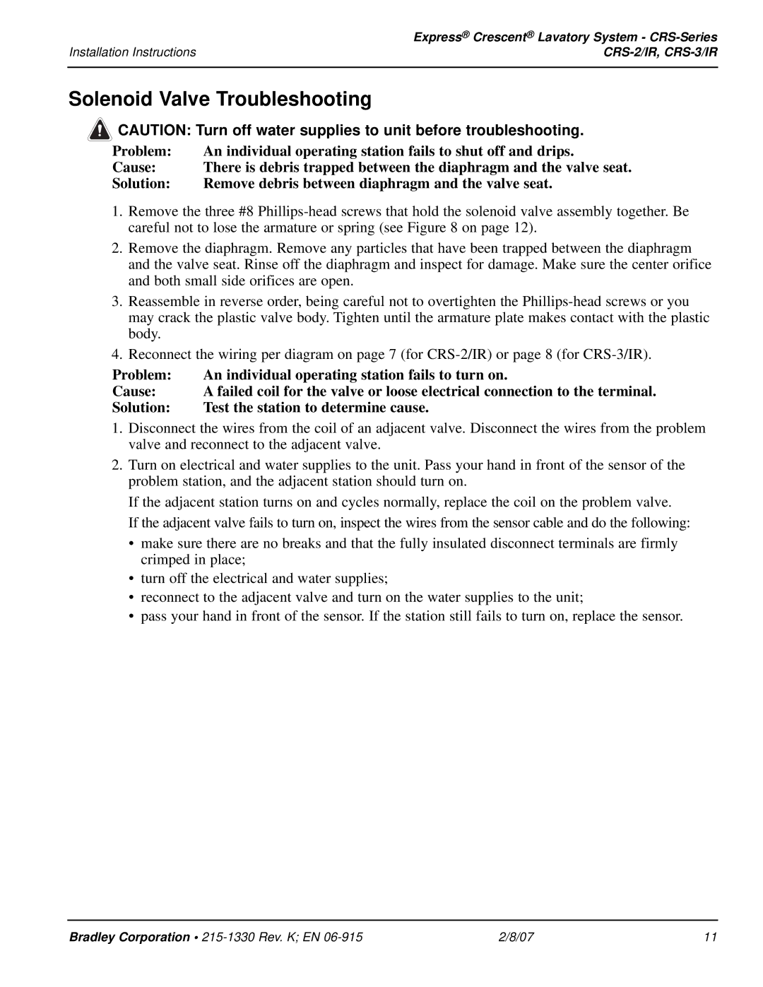 Bradley Smoker CRS-2/IR, CRS-3/IR installation instructions Solenoid Valve Troubleshooting 