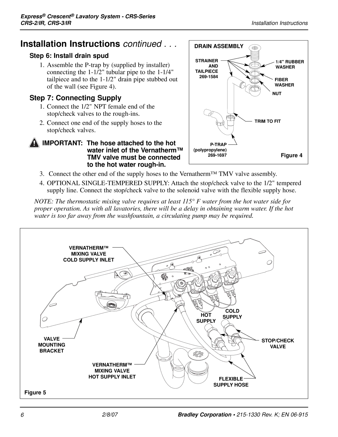 Bradley Smoker CRS-3/IR, CRS-2/IR installation instructions Connecting Supply, Install drain spud 