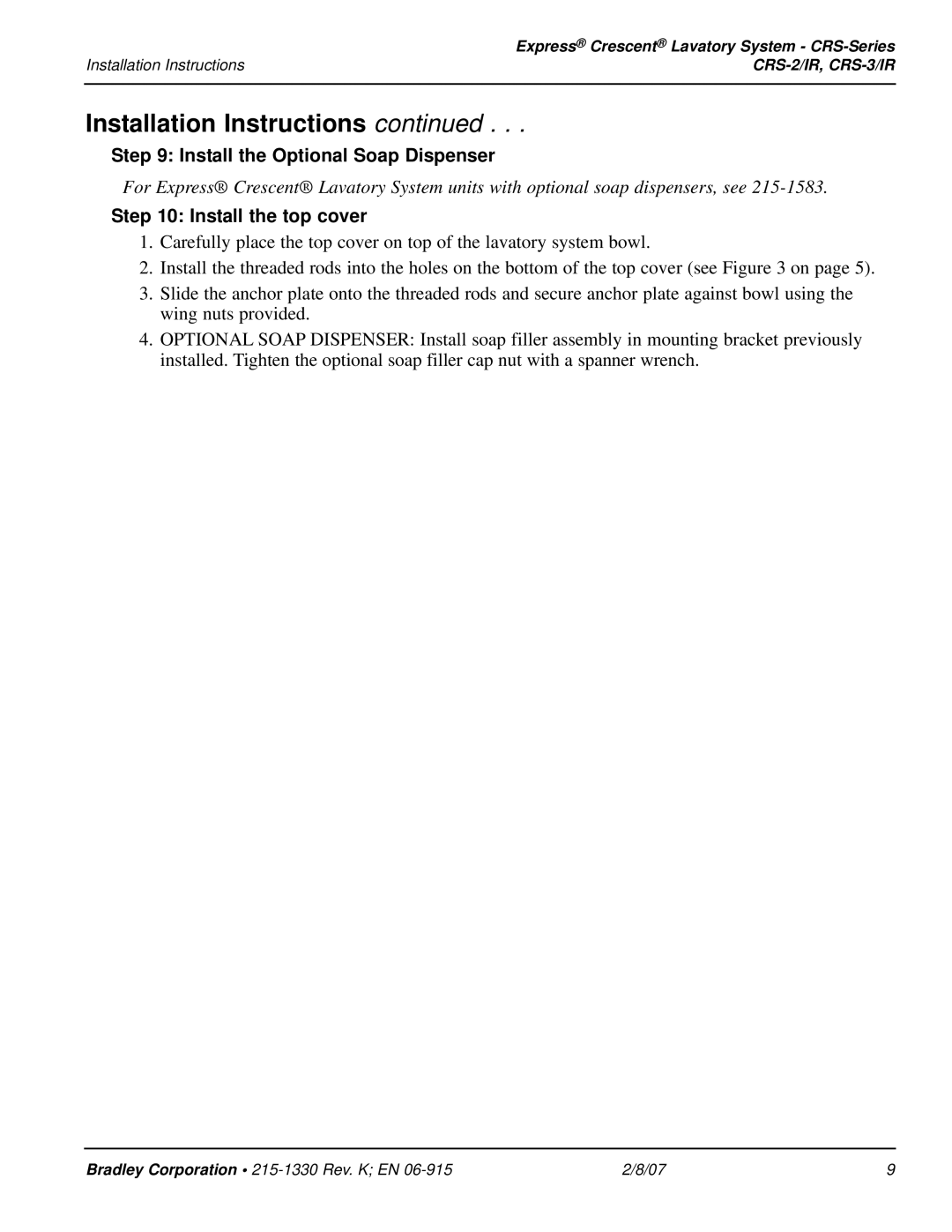 Bradley Smoker CRS-2/IR, CRS-3/IR installation instructions Install the Optional Soap Dispenser, Install the top cover 