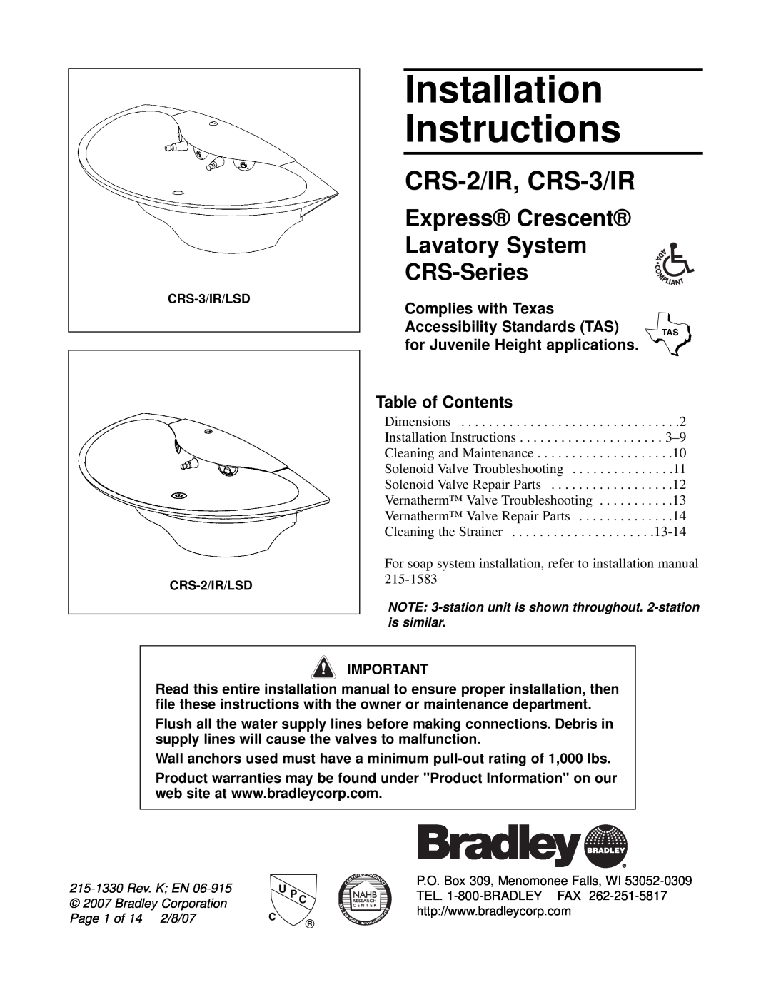 Bradley Smoker installation instructions Table of Contents, Installation Instructions, CRS-2/IR, CRS-3/IR 