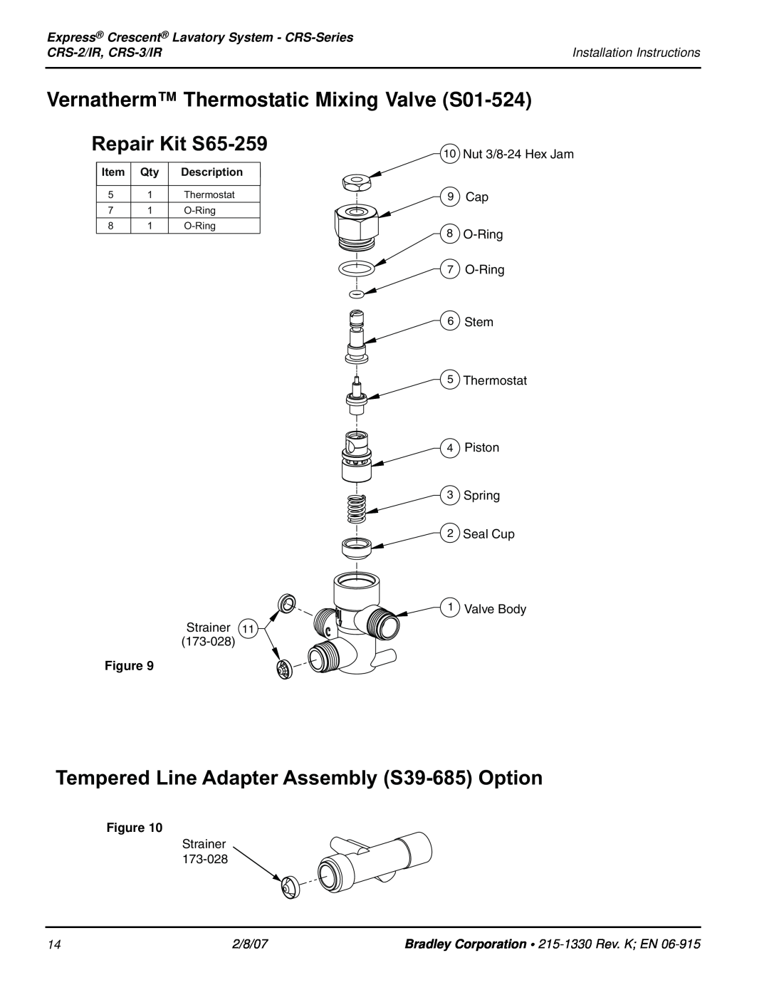 Bradley Smoker Vernatherm Thermostatic Mixing Valve S01-524, Repair Kit S65-259, CRS-2/IR, CRS-3/IR, Strainer 11, 9 Cap 