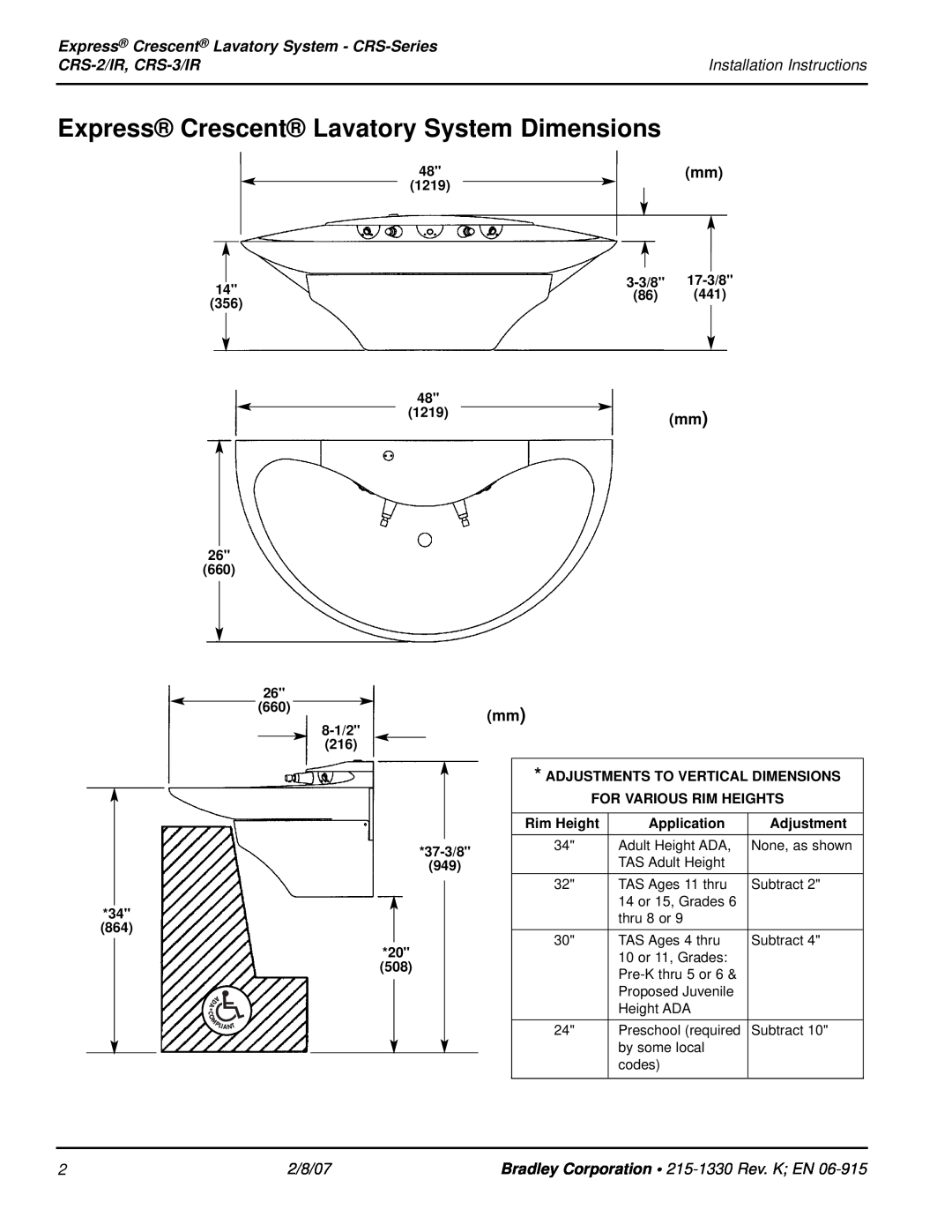 Bradley Smoker CRS-3/IR Express Crescent Lavatory System Dimensions, Express Crescent Lavatory System - CRS-Series, mm mm 