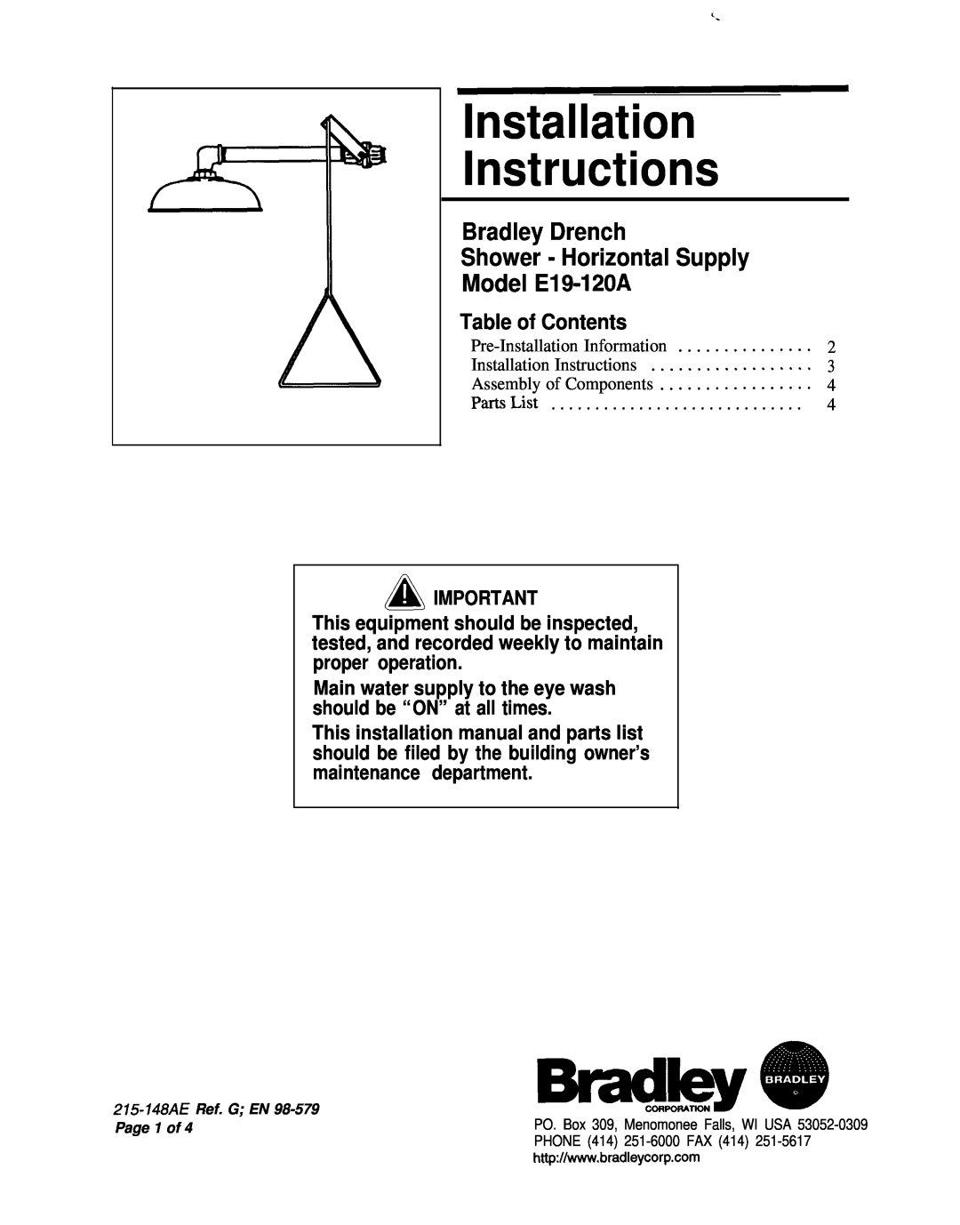 Bradley Smoker E19-120A installation instructions Table of Contents, Installation Instructions 