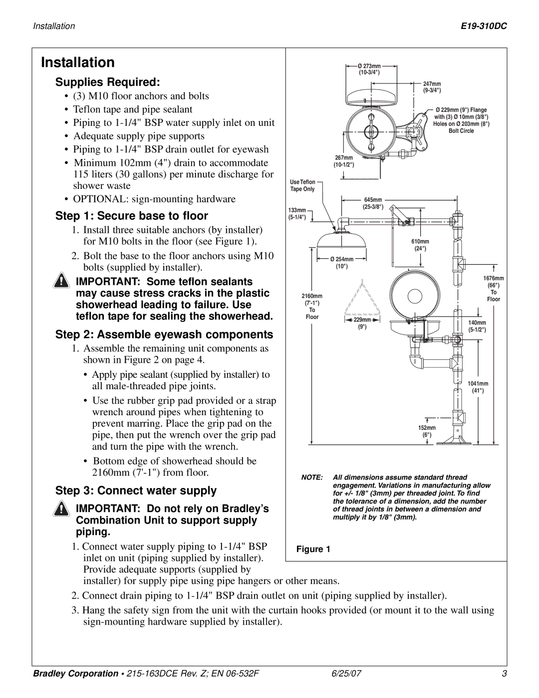 Bradley Smoker E19-310DC Installation, Supplies Required, Secure base to floor, Assemble eyewash components 