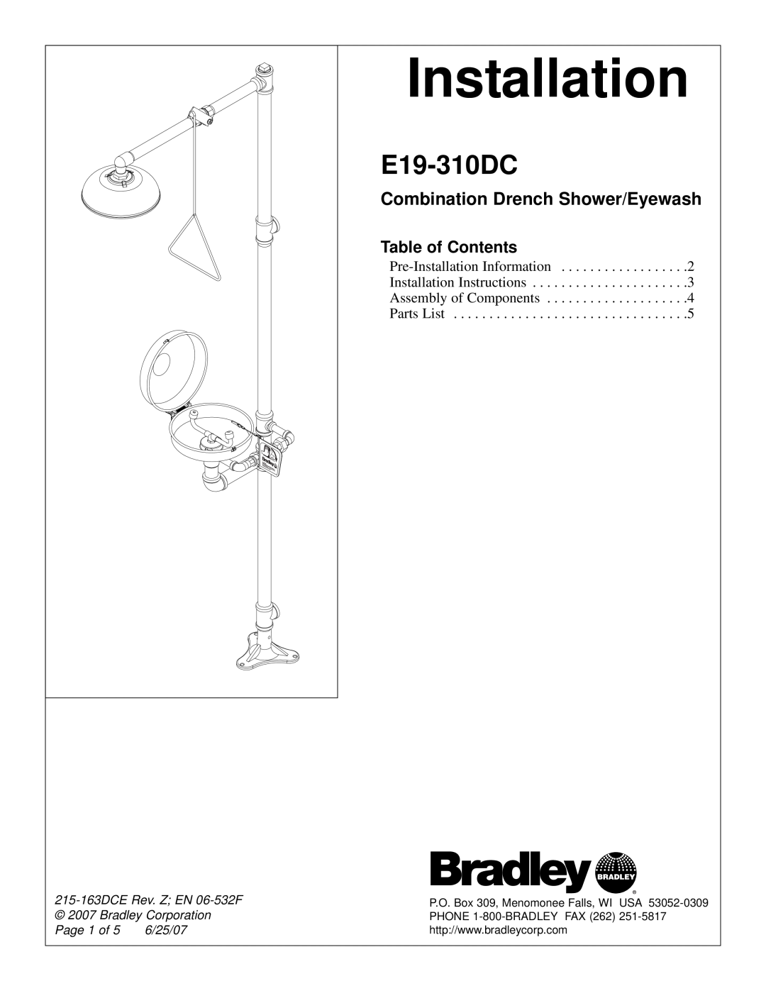 Bradley Smoker E19-310DC installation instructions Table of Contents, Installation, Combination Drench Shower/Eyewash 