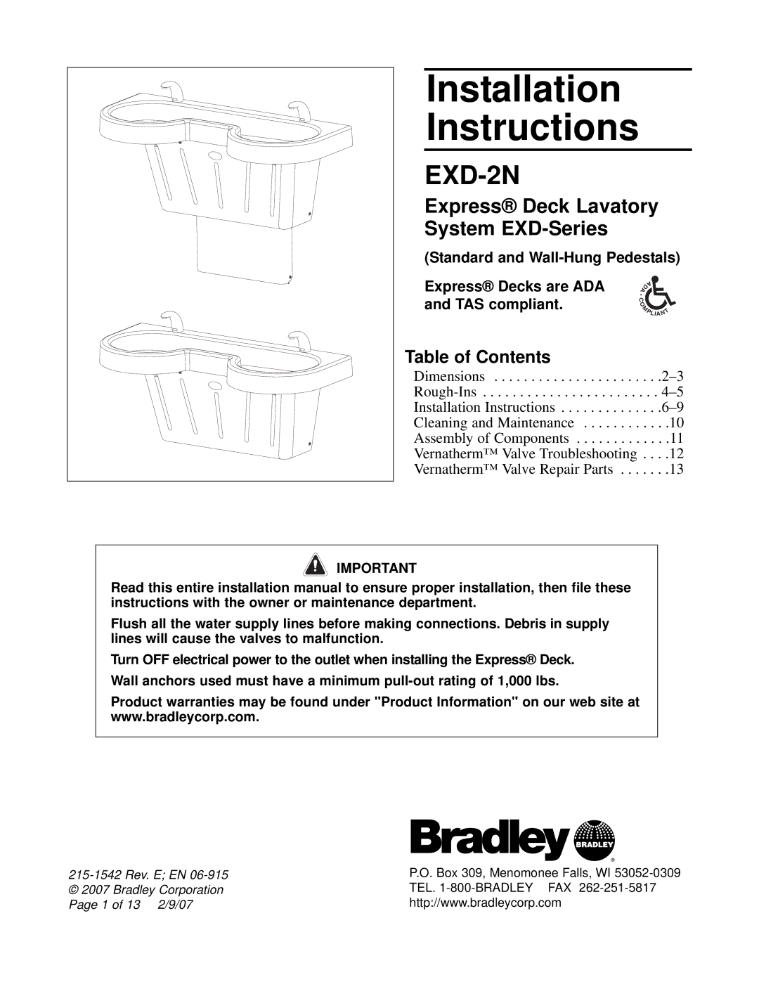 Bradley Smoker EXD-2N installation instructions Installation Instructions, Express Deck Lavatory System EXD-Series 