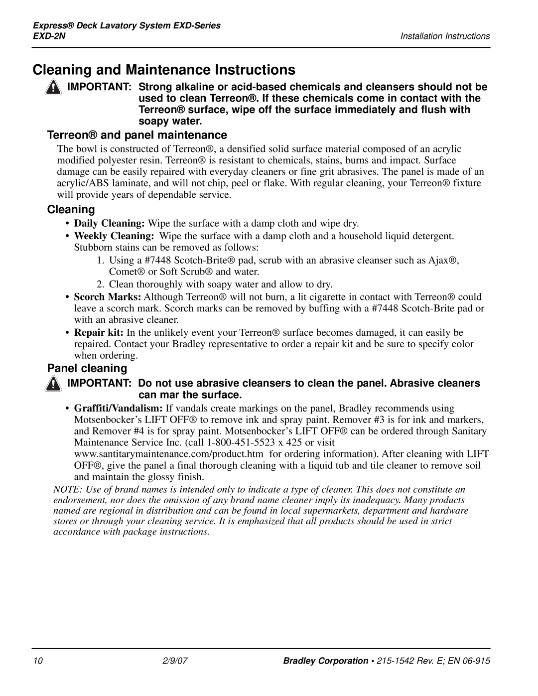 Bradley Smoker EXD-2N Cleaning and Maintenance Instructions, Terreon and panel maintenance, Panel cleaning 