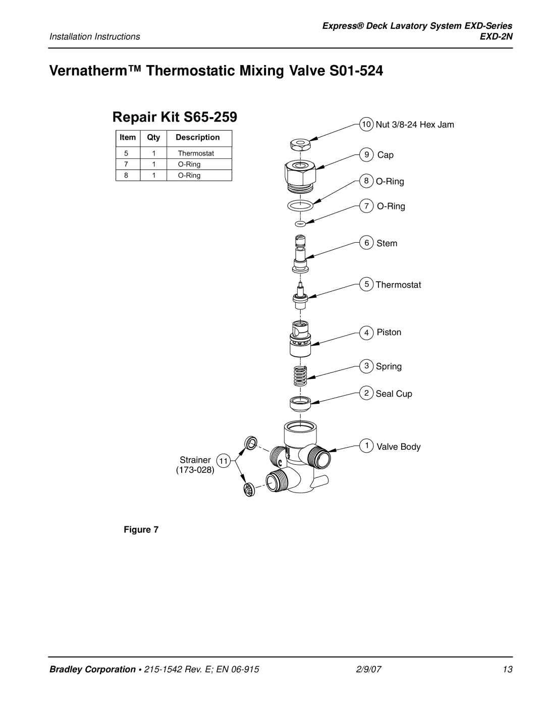 Bradley Smoker EXD-2N installation instructions Vernatherm Thermostatic Mixing Valve S01-524, Repair Kit S65-259 