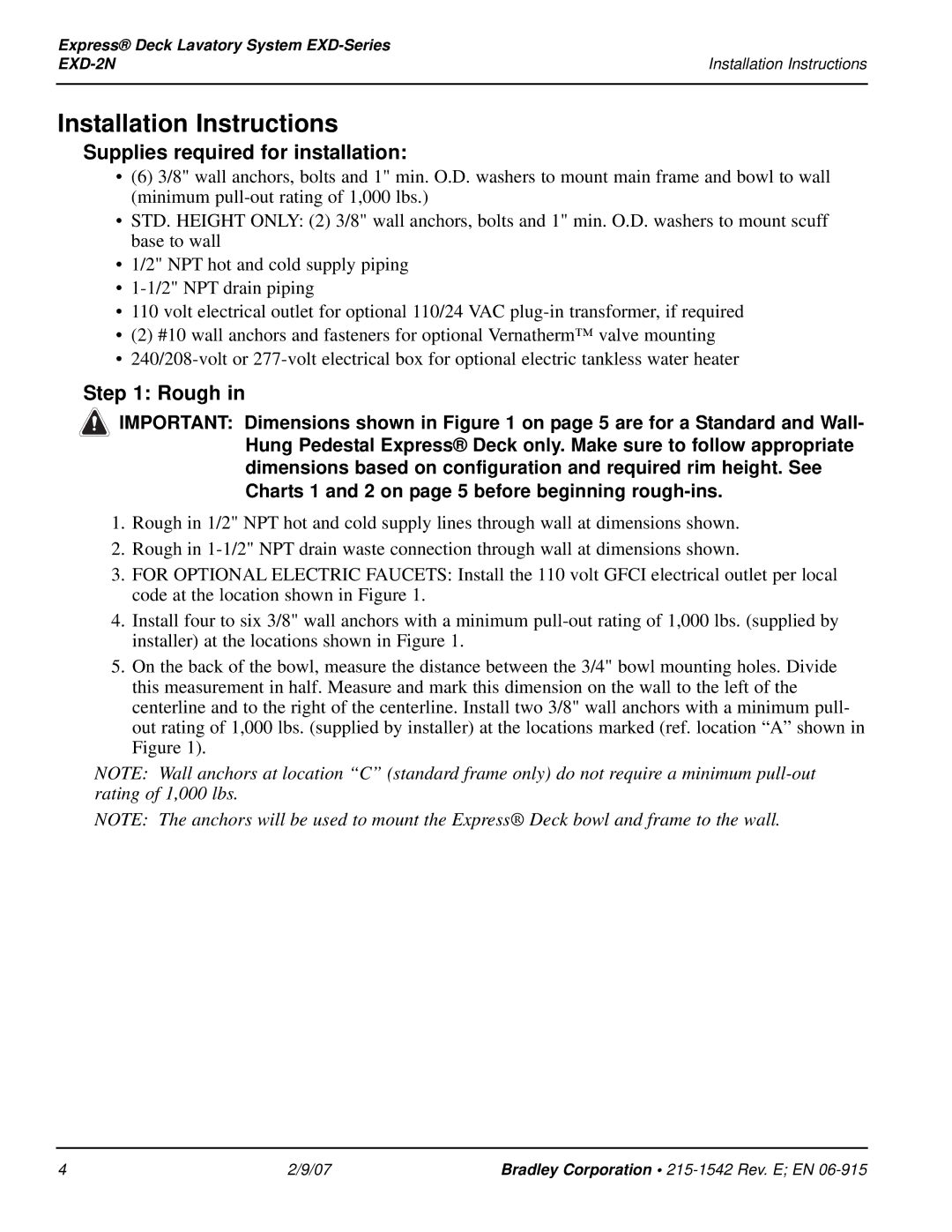 Bradley Smoker EXD-2N installation instructions Installation Instructions, Supplies required for installation, Rough 