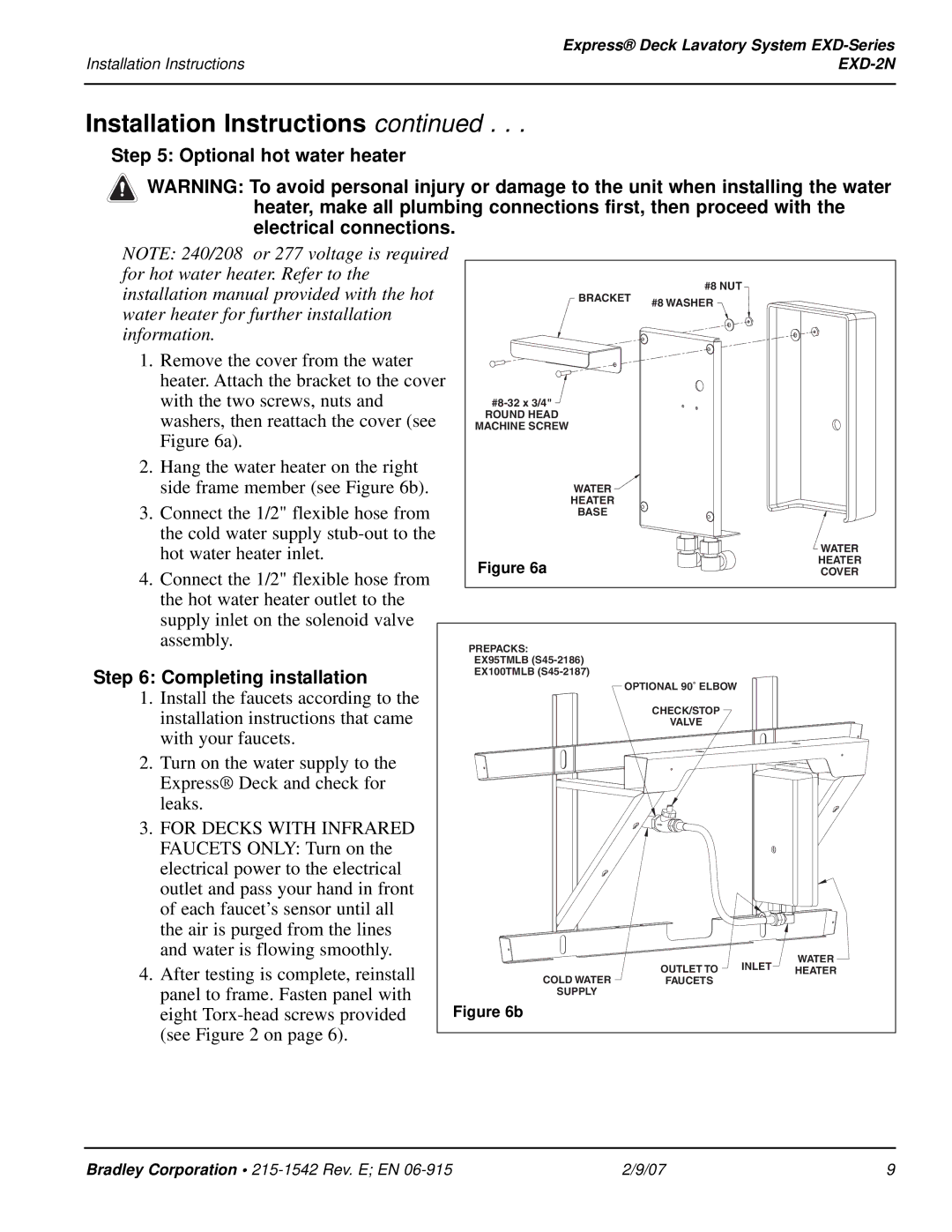 Bradley Smoker EXD-2N installation instructions Optional hot water heater, Completing installation 