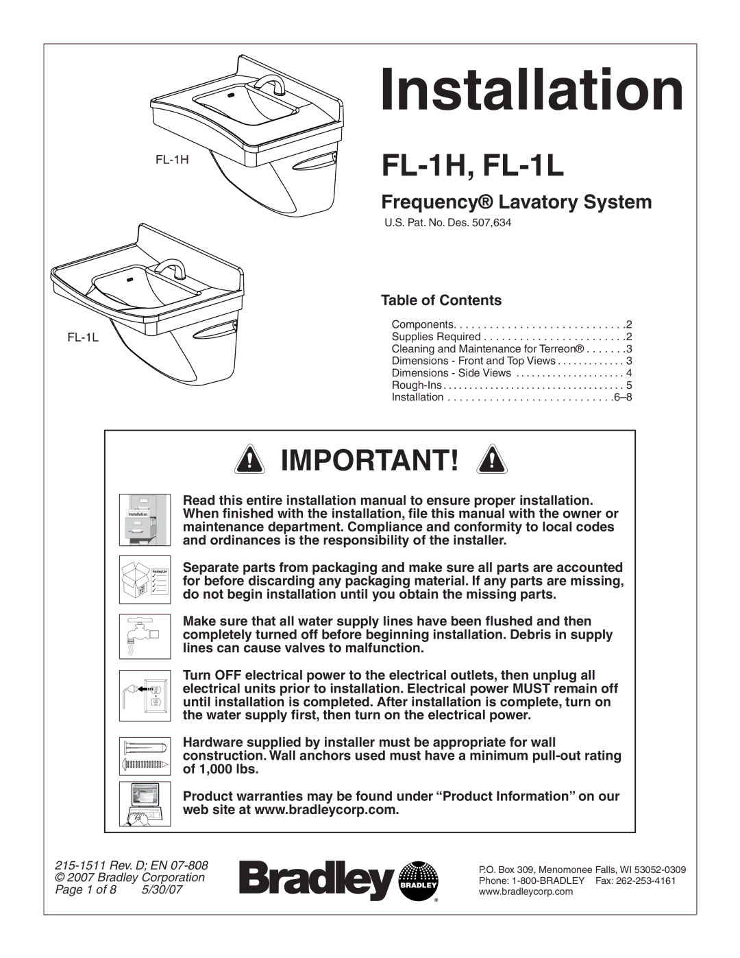 Bradley Smoker FL-1H, FL-1L dimensions Installation, Table of Contents 