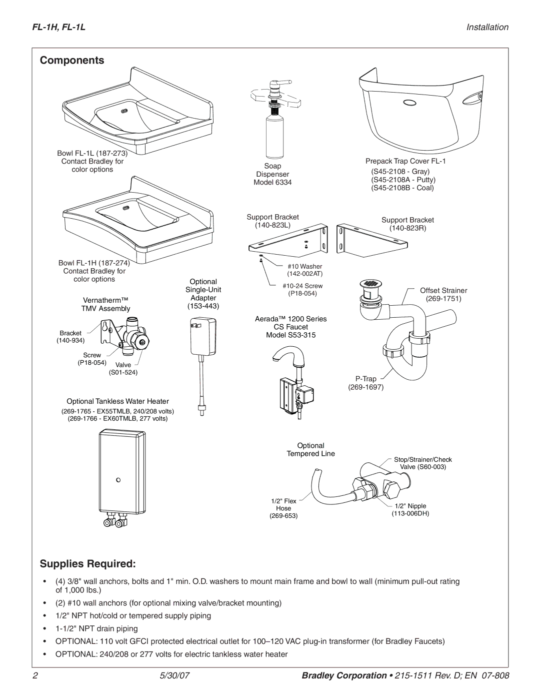 Bradley Smoker FL-1L, FL-1H dimensions Components, Supplies Required 