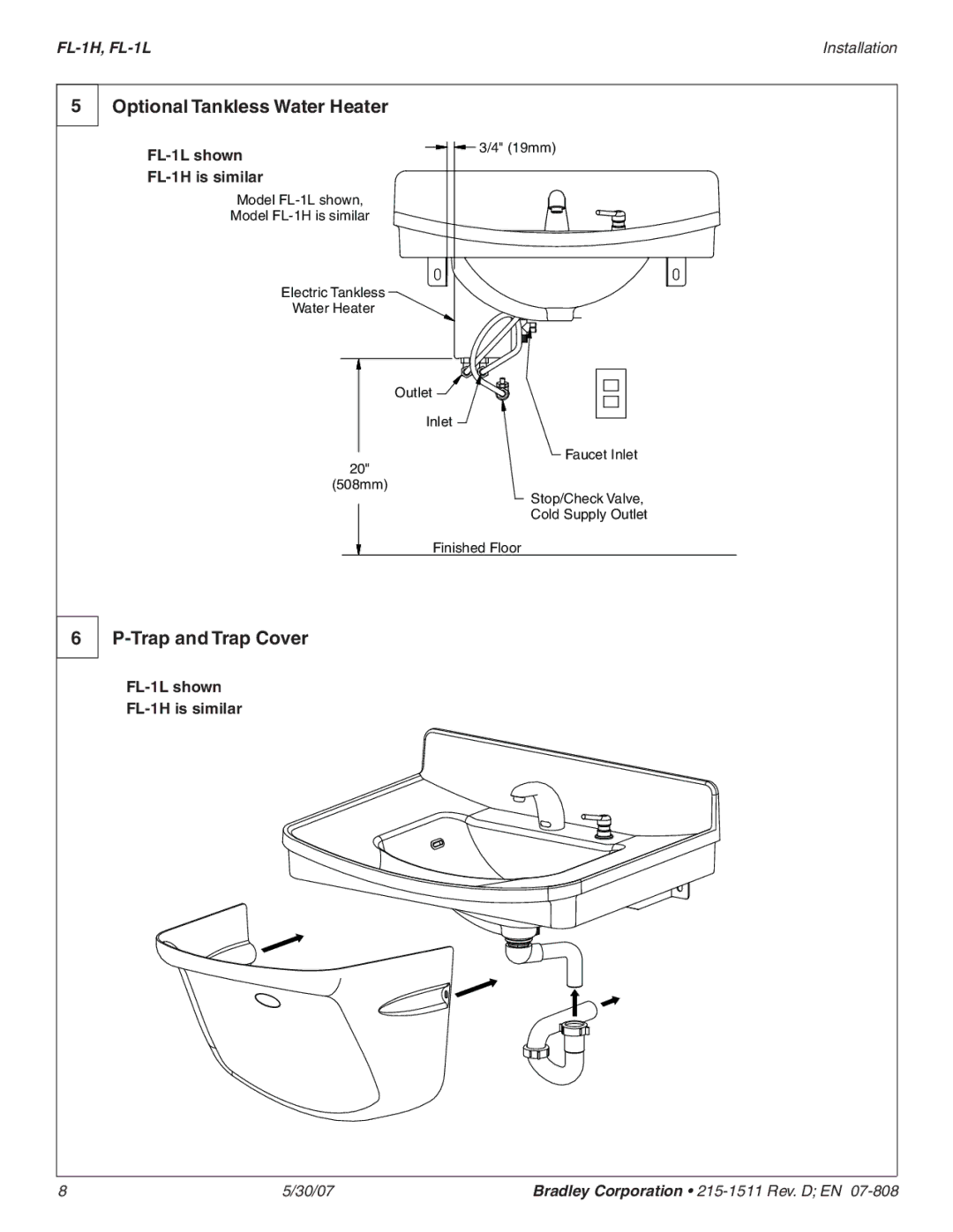 Bradley Smoker FL-1H dimensions Optional Tankless Water Heater, Trap and Trap Cover, FL-1L shown 