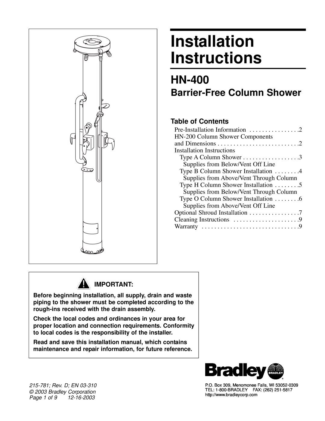 Bradley Smoker HN-400 installation instructions Table of Contents, Installation, Instructions, Barrier-FreeColumn Shower 