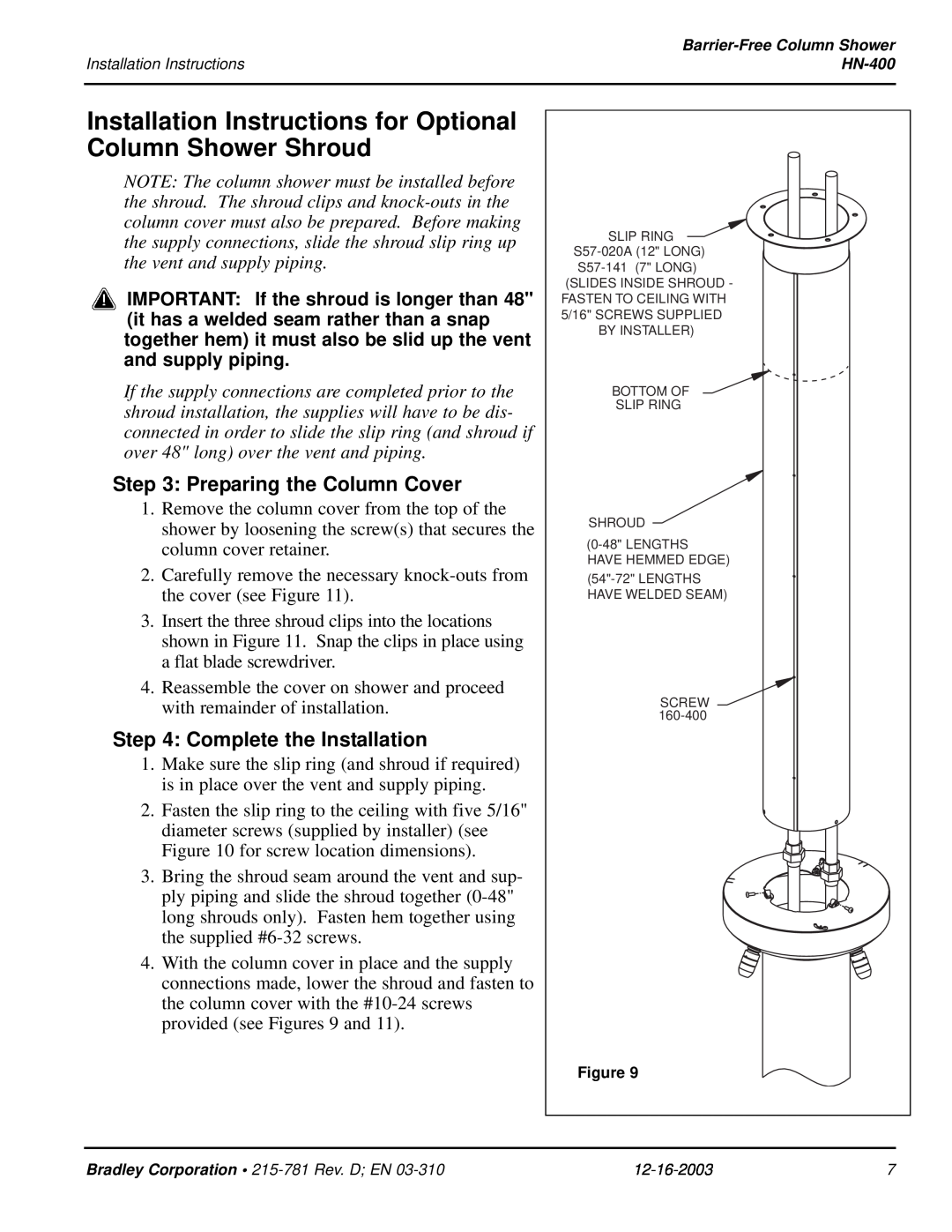 Bradley Smoker HN-400 Installation Instructions for Optional, Column Shower Shroud, Preparing the Column Cover 