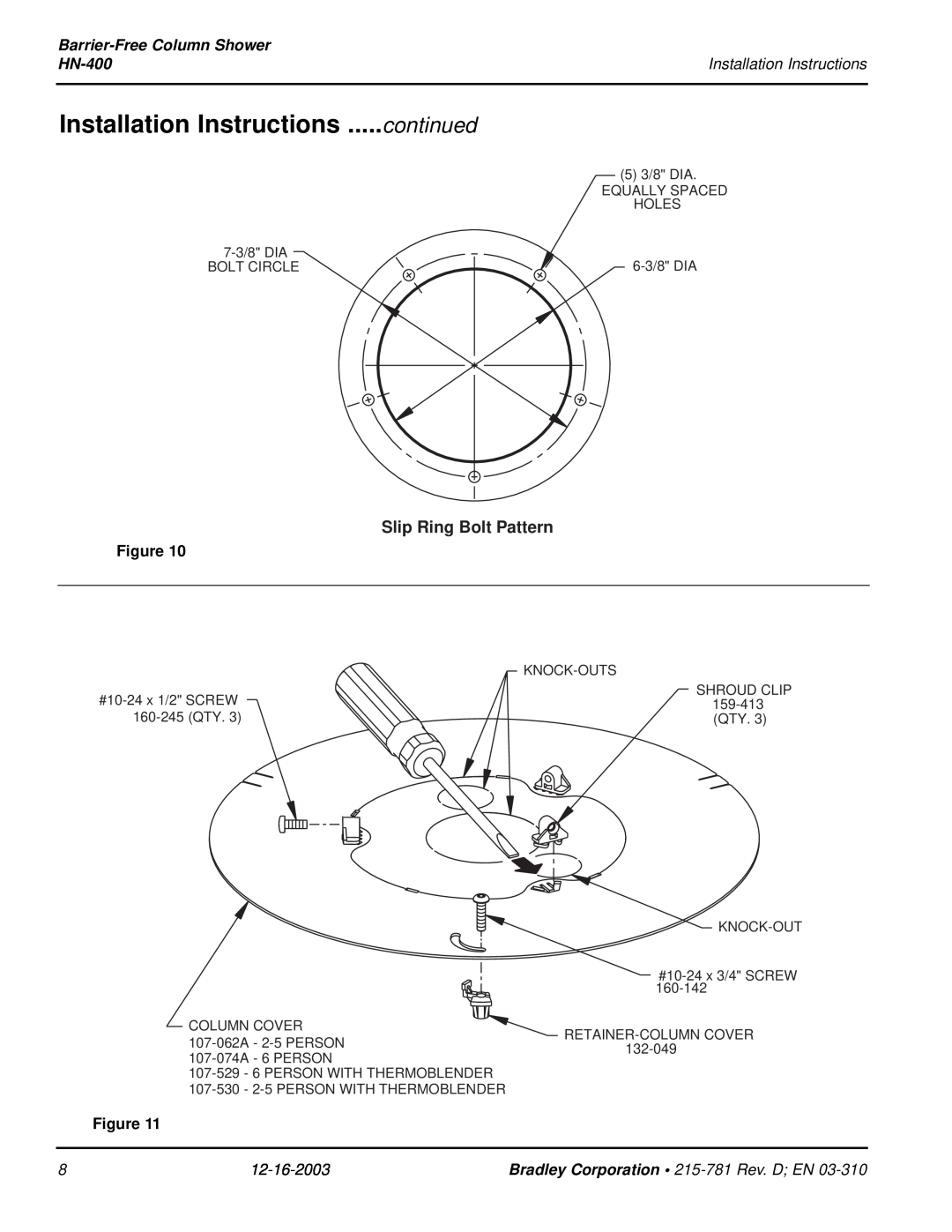Bradley Smoker HN-400 Installation Instructions .....continued, Slip Ring Bolt Pattern, Barrier-FreeColumn Shower 