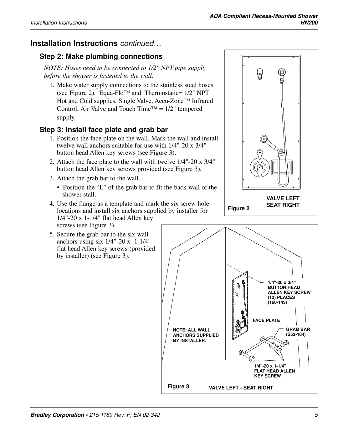 Bradley Smoker HN200 Installation Instructions …, Make plumbing connections, Install face plate and grab bar 