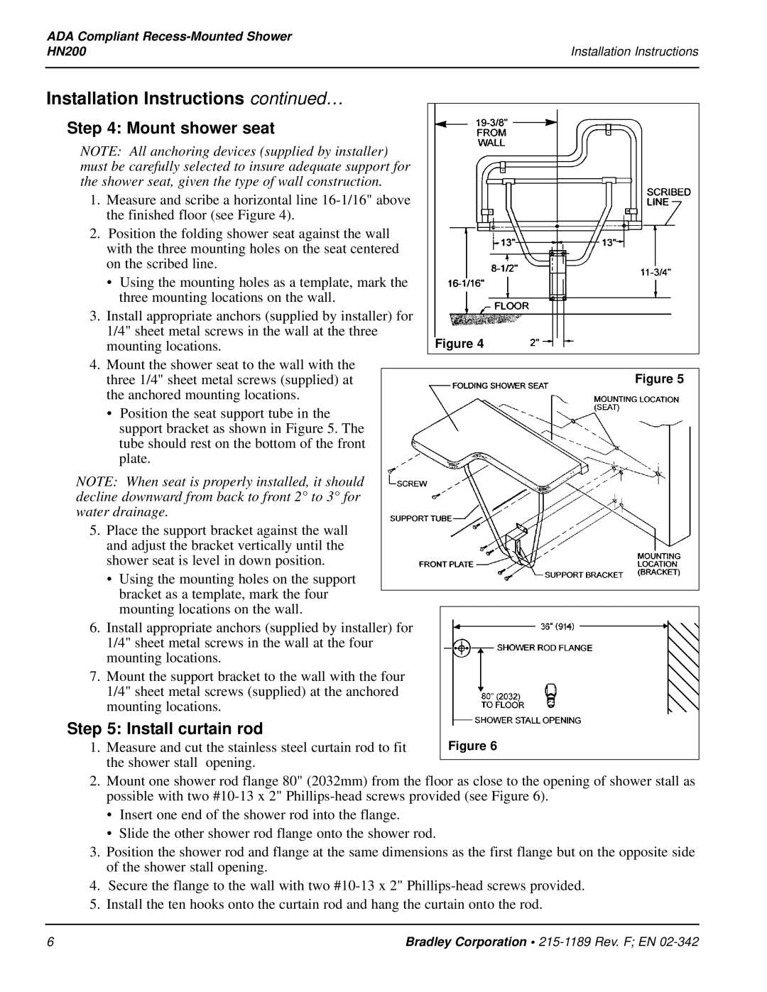 Bradley Smoker HN200 installation instructions Mount shower seat, Install curtain rod 