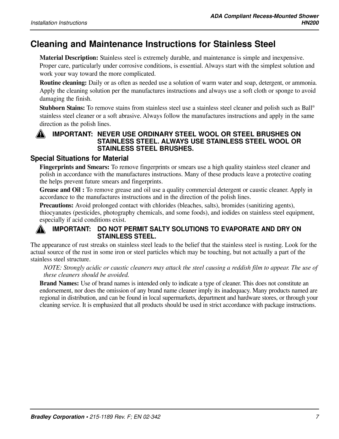 Bradley Smoker HN200 Cleaning and Maintenance Instructions for Stainless Steel, Special Situations for Material 