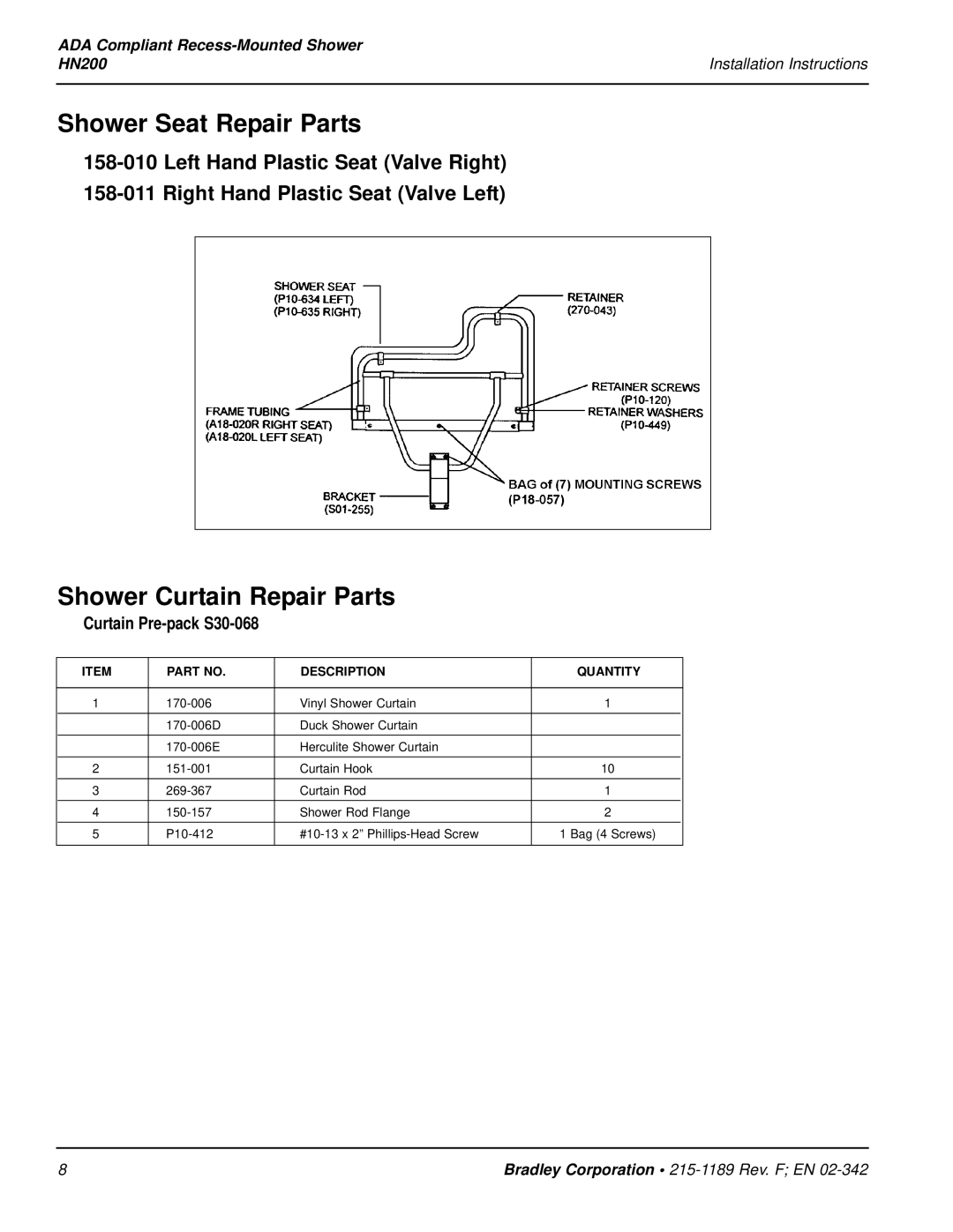 Bradley Smoker HN200 installation instructions Shower Seat Repair Parts, Shower Curtain Repair Parts 