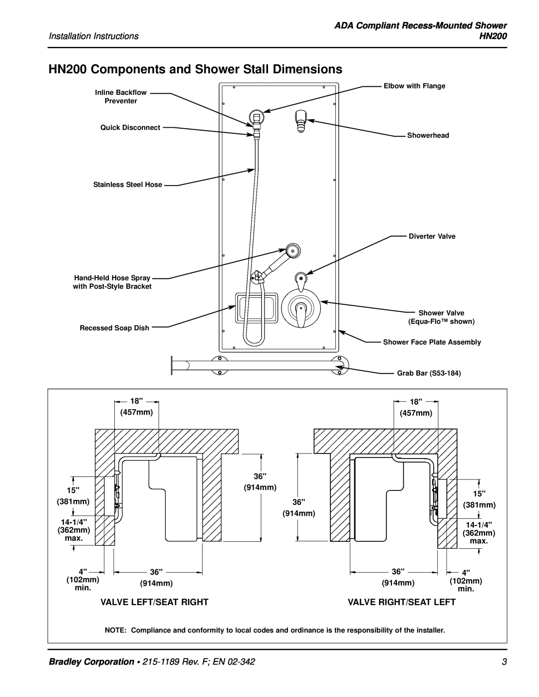 Bradley Smoker HN200 Components and Shower Stall Dimensions, ADA Compliant Recess-Mounted Shower, Valve Left/Seat Right 