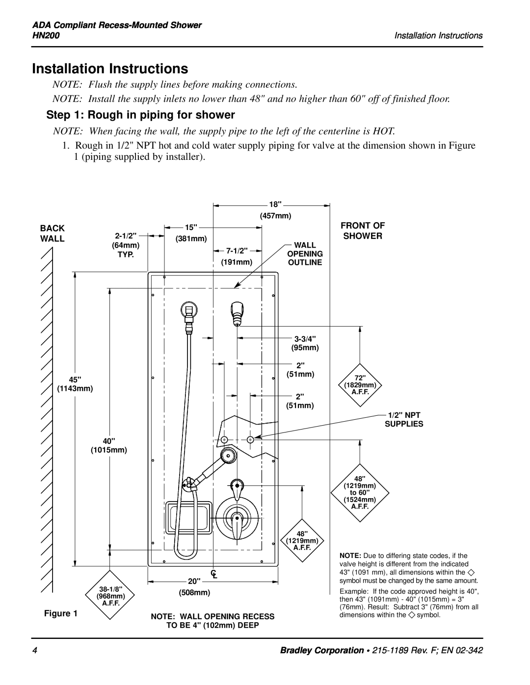 Bradley Smoker HN200 installation instructions Installation Instructions, Rough in piping for shower 