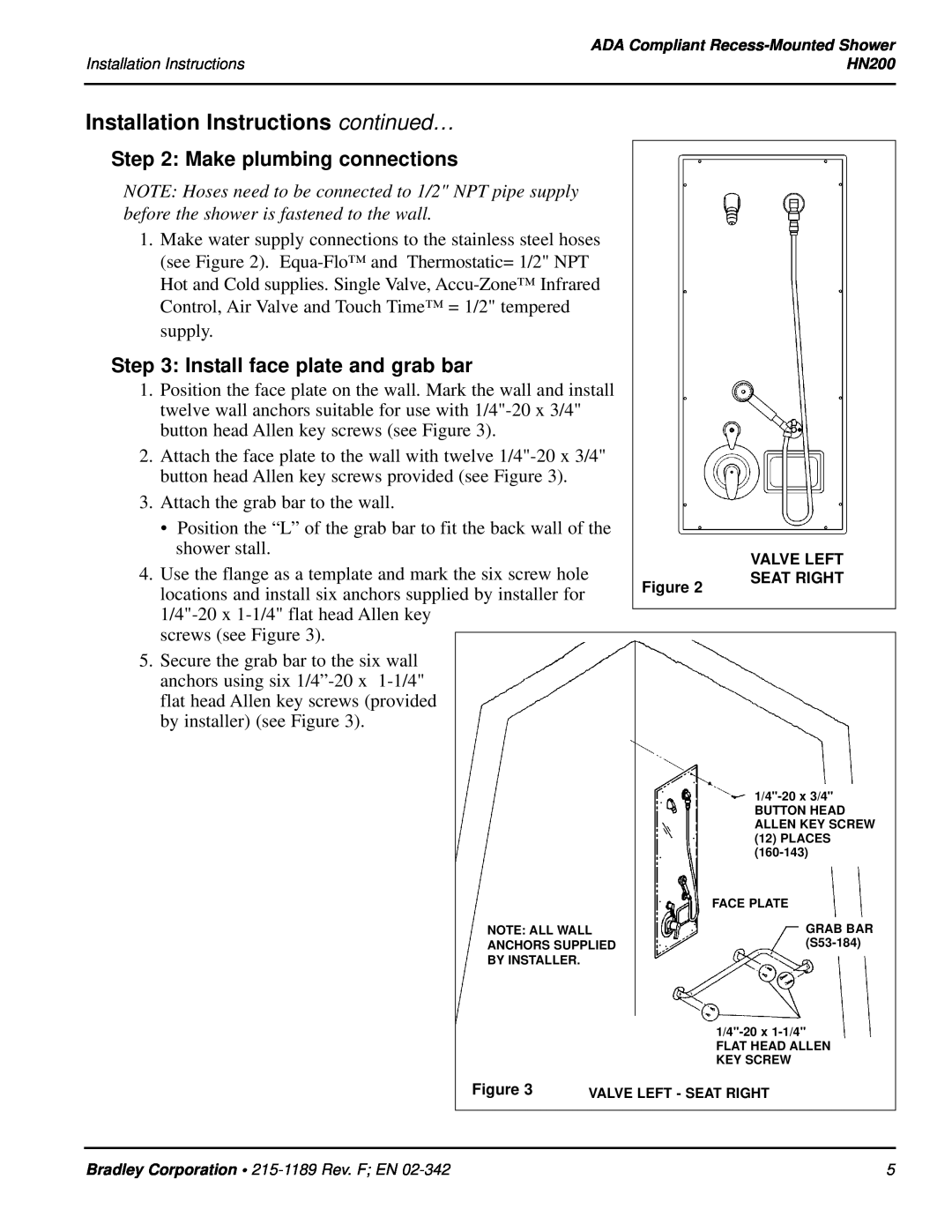 Bradley Smoker HN200 Installation Instructions continued…, Make plumbing connections, Install face plate and grab bar 