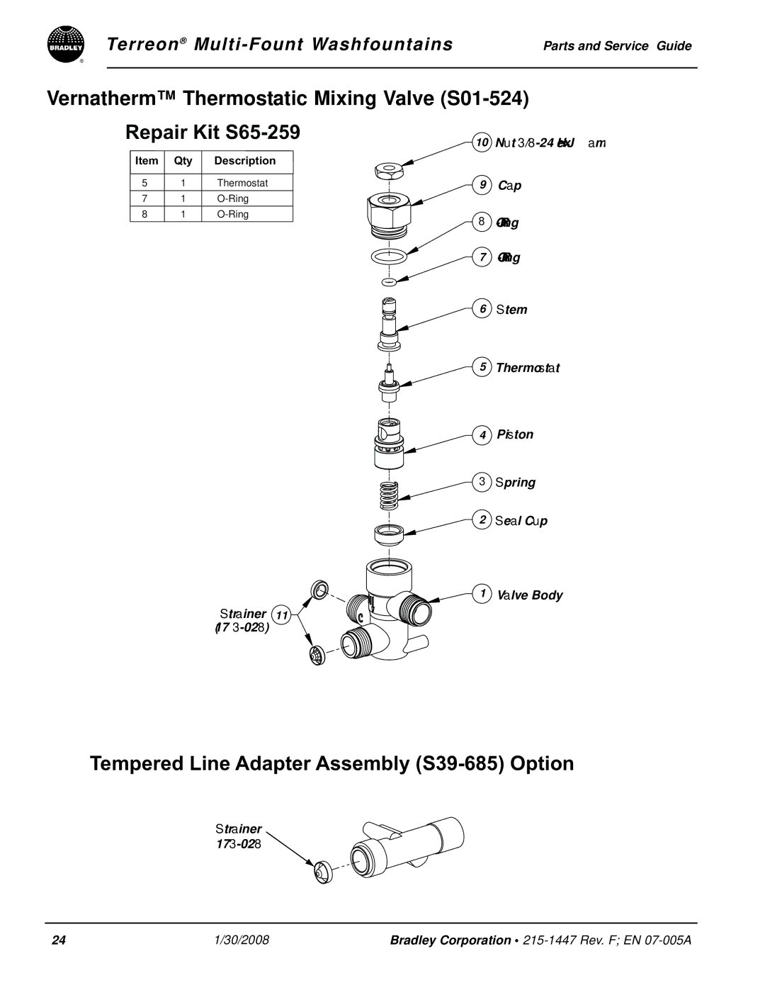 Bradley Smoker Indoor Furnishings manual Vernatherm Thermostatic Mixing Valve S01-524, Repair Kit S65-259 