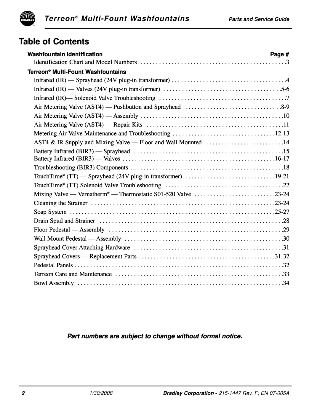 Bradley Smoker Indoor Furnishings manual Table of Contents, Terreon Multi-FountWashfountains 