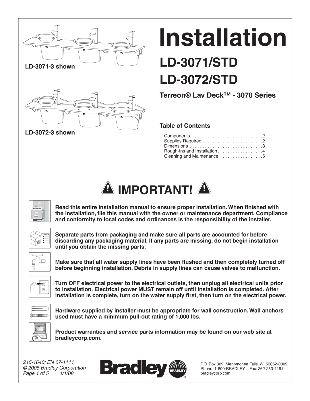 Bradley Smoker LD-3072/STD, LD-3071/STD dimensions LD-3071-3 shown LD-3072-3 shown, Table of Contents 