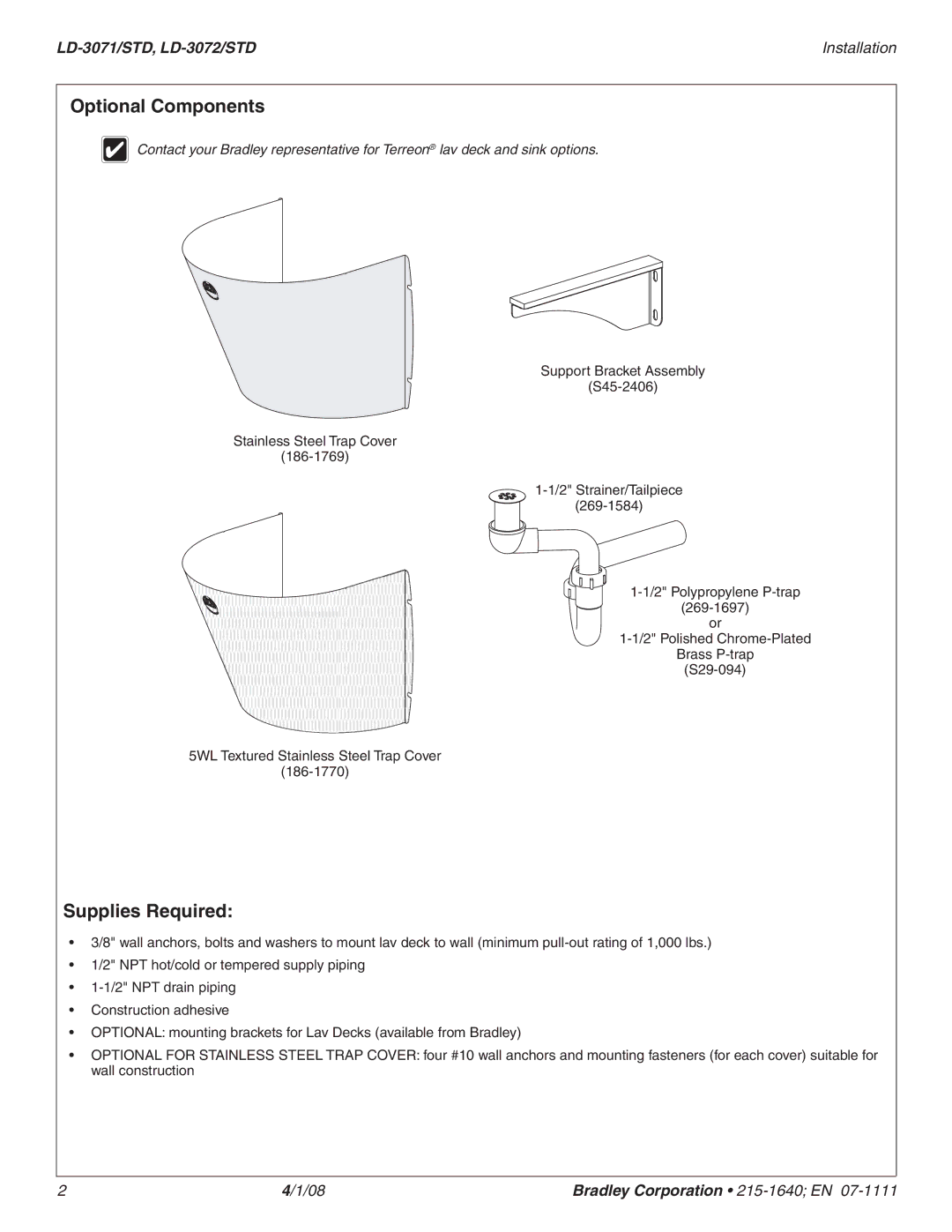 Bradley Smoker LD-3071/STD, LD-3072/STD dimensions Optional Components, Supplies Required 