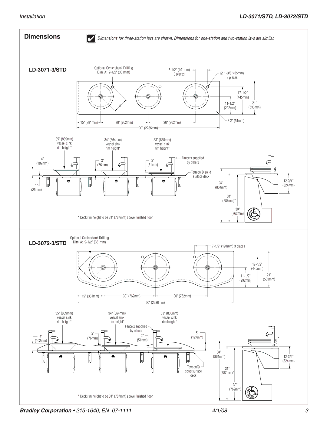 Bradley Smoker LD-3072/STD, LD-3071/STD dimensions Dimensions, LD-3071-3/STD, LD-3072-3/STD 