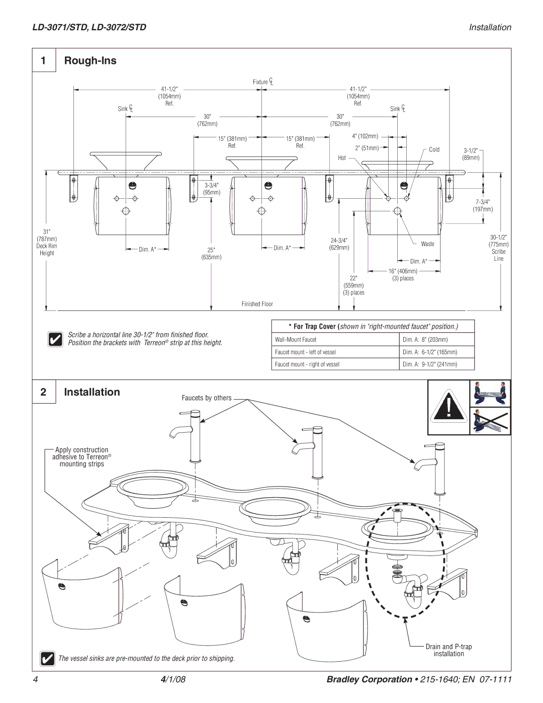 Bradley Smoker LD-3071/STD, LD-3072/STD dimensions Rough-Ins, Installation 