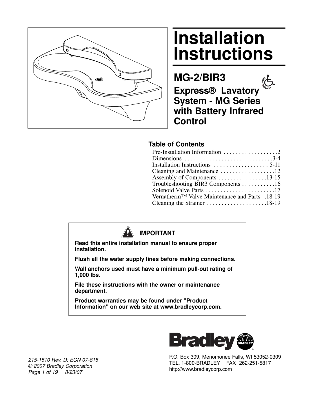 Bradley Smoker MG-2/BIR3 installation instructions Installation Instructions, Table of Contents 