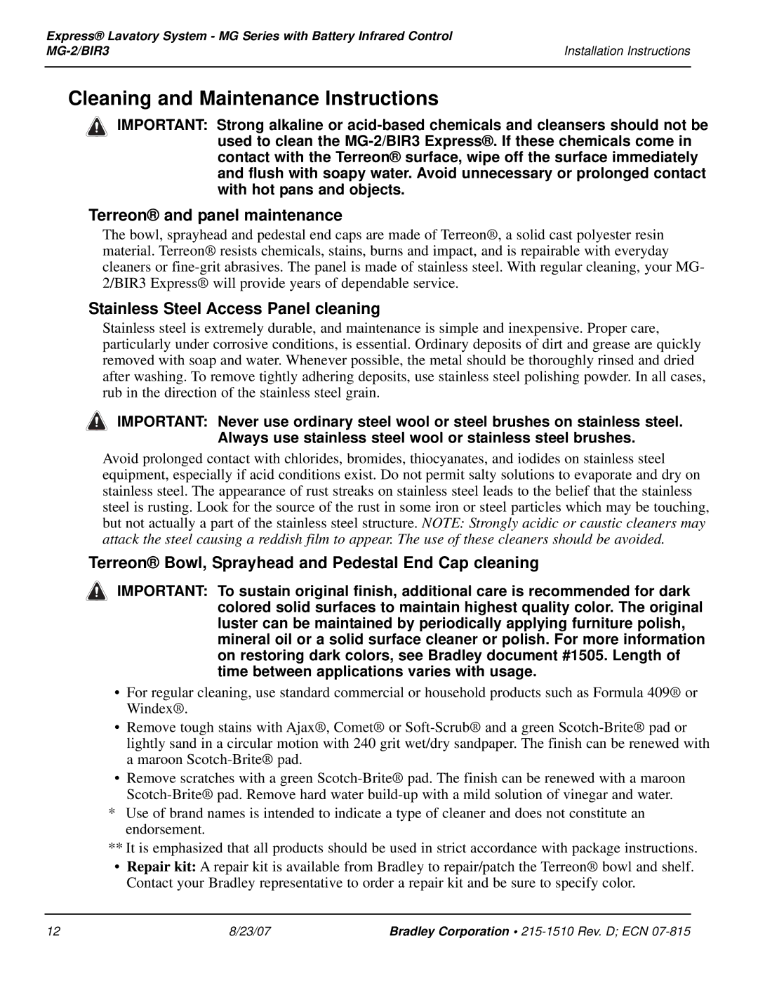 Bradley Smoker MG-2/BIR3 installation instructions Cleaning and Maintenance Instructions, Terreon and panel maintenance 