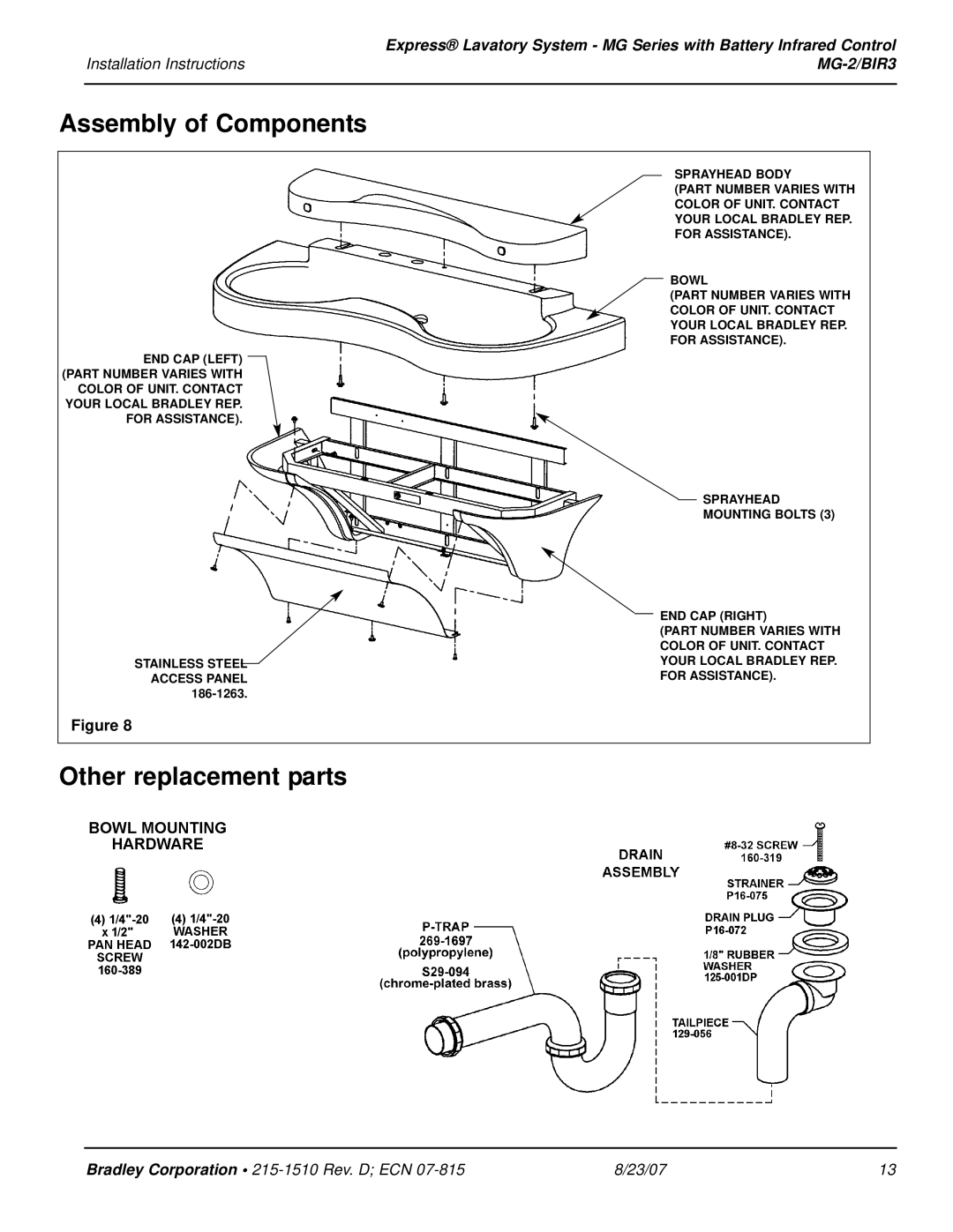 Bradley Smoker MG-2/BIR3 installation instructions Assembly of Components, Other replacement parts 