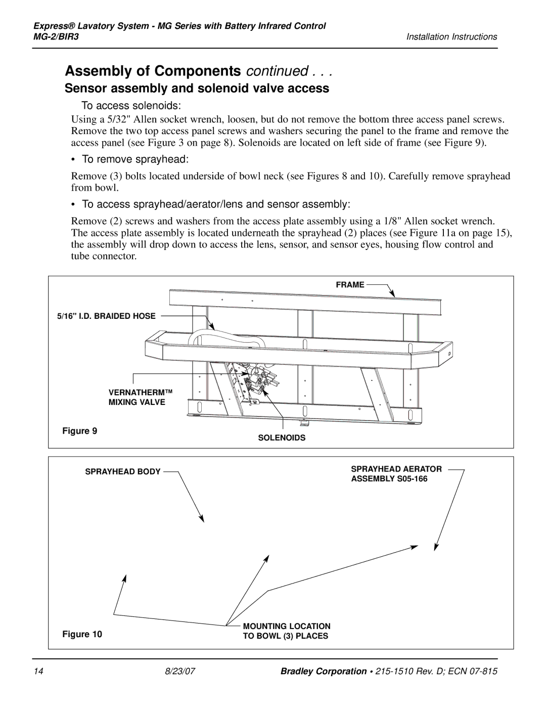 Bradley Smoker MG-2/BIR3 installation instructions Sensor assembly and solenoid valve access 