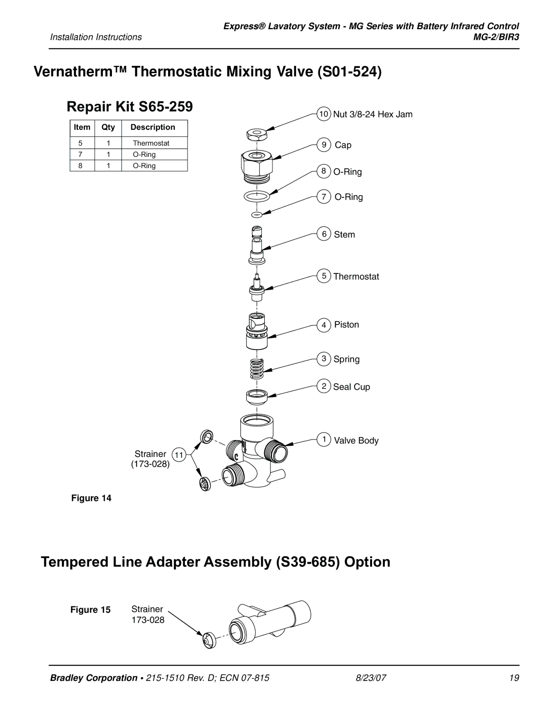 Bradley Smoker MG-2/BIR3 installation instructions Vernatherm Thermostatic Mixing Valve S01-524, Repair Kit S65-259 