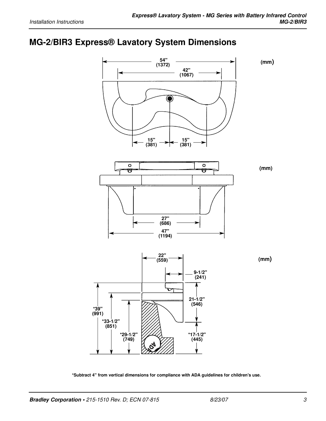 Bradley Smoker installation instructions MG-2/BIR3 Express Lavatory System Dimensions 