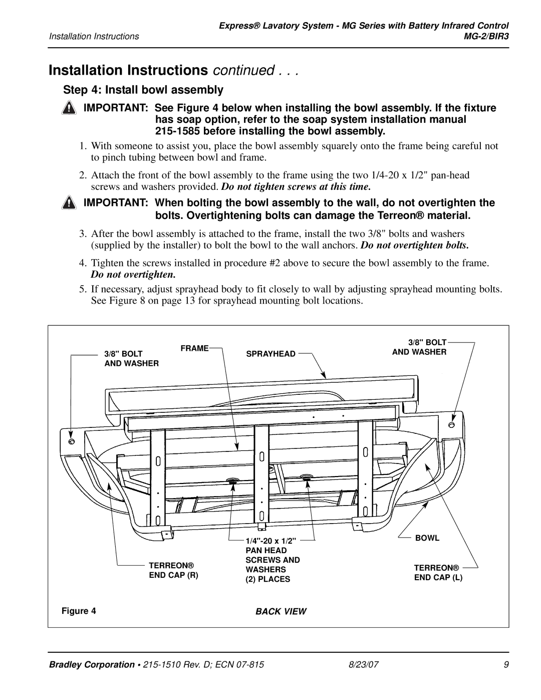 Bradley Smoker MG-2/BIR3 installation instructions Install bowl assembly, Do not overtighten 