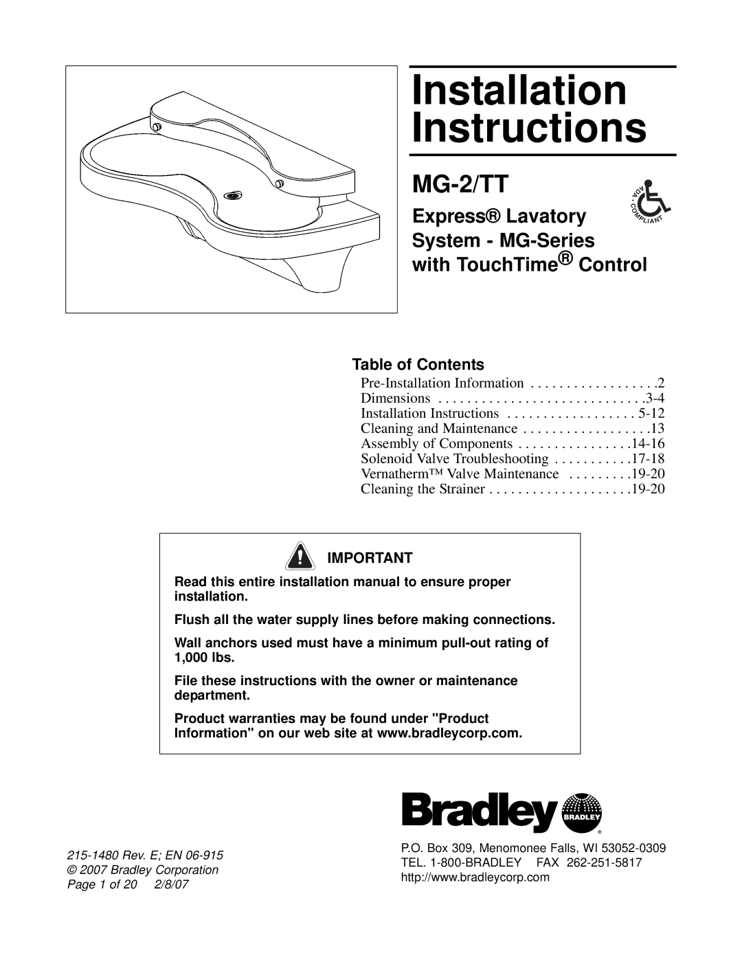 Bradley Smoker MG-2/TT installation instructions System MG-Series With TouchTime Control, Table of Contents 