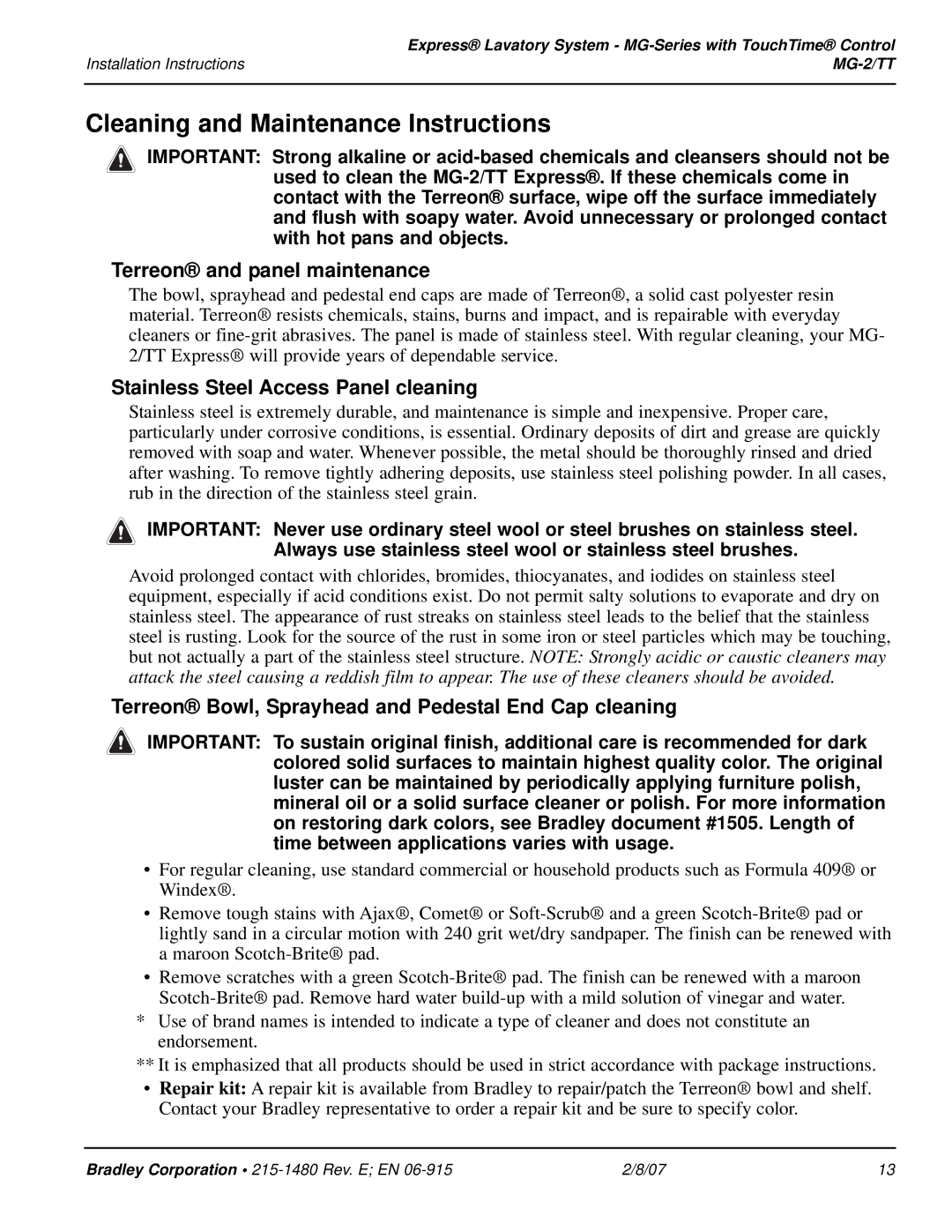 Bradley Smoker MG-2/TT installation instructions Cleaning and Maintenance Instructions, Terreon and panel maintenance 