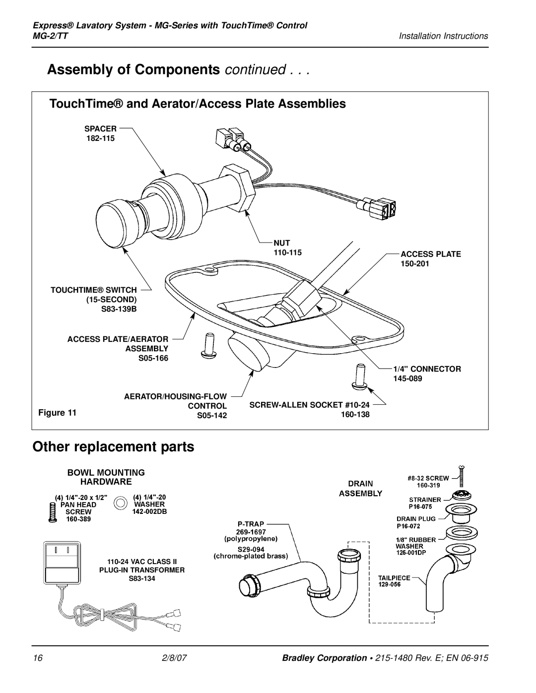 Bradley Smoker MG-2/TT installation instructions Other replacement parts, TouchTime and Aerator/Access Plate Assemblies 